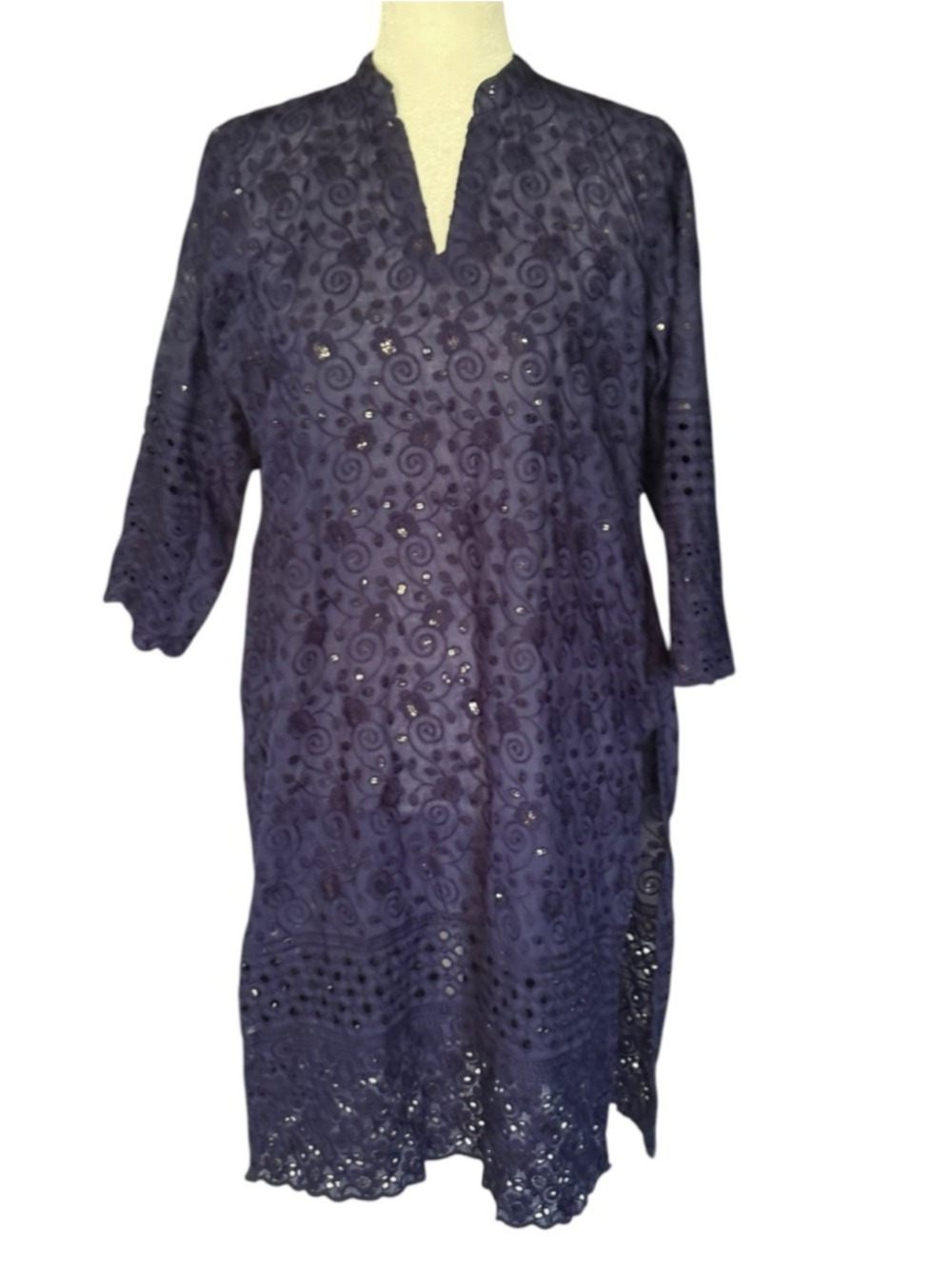 Blue Embroidered Kurta Kurti Tunic Sequins Eyelet Boho Womens Large PTP 21